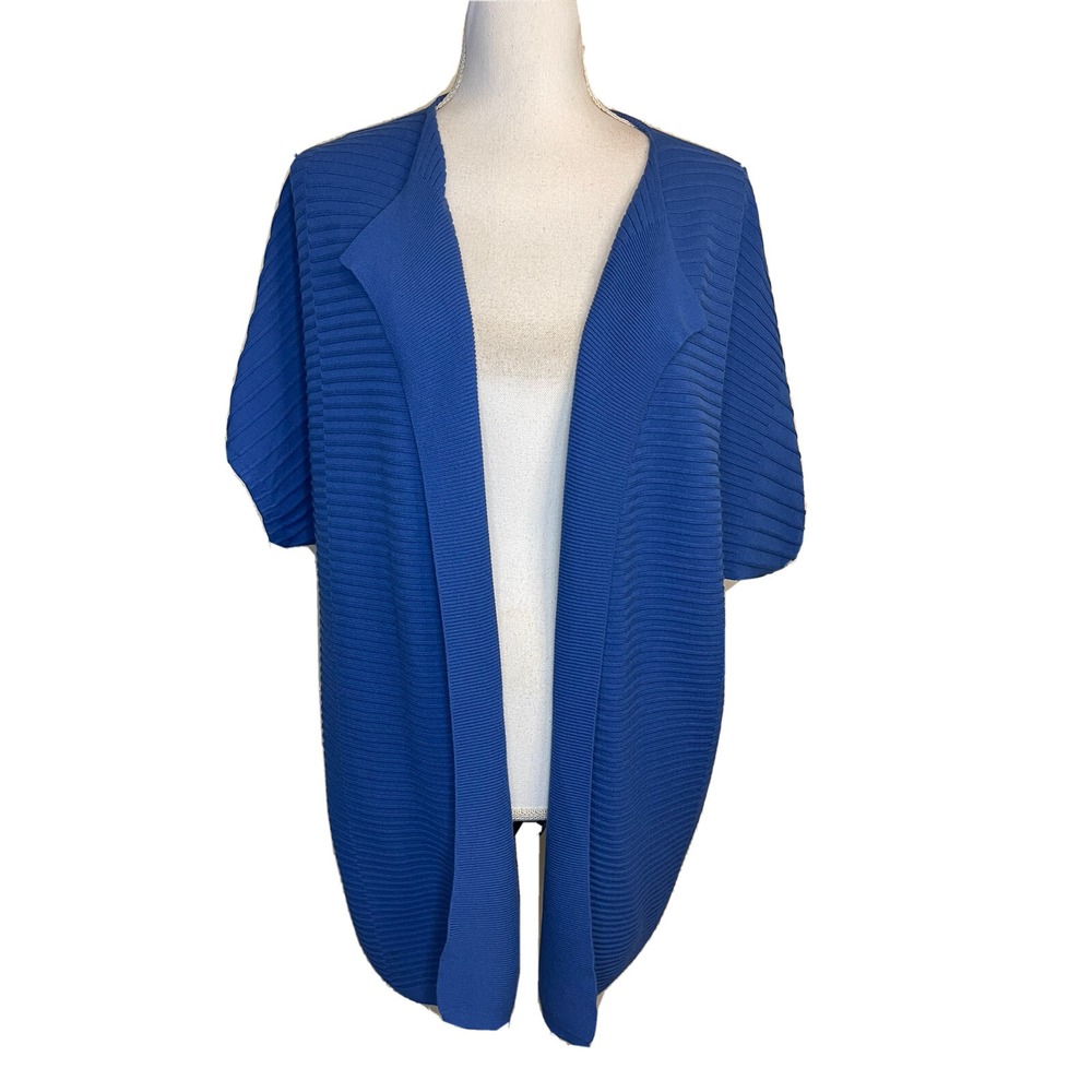 St John Size Large Blue Open Front Short Sleeve Ribbed Cardigan Career Office